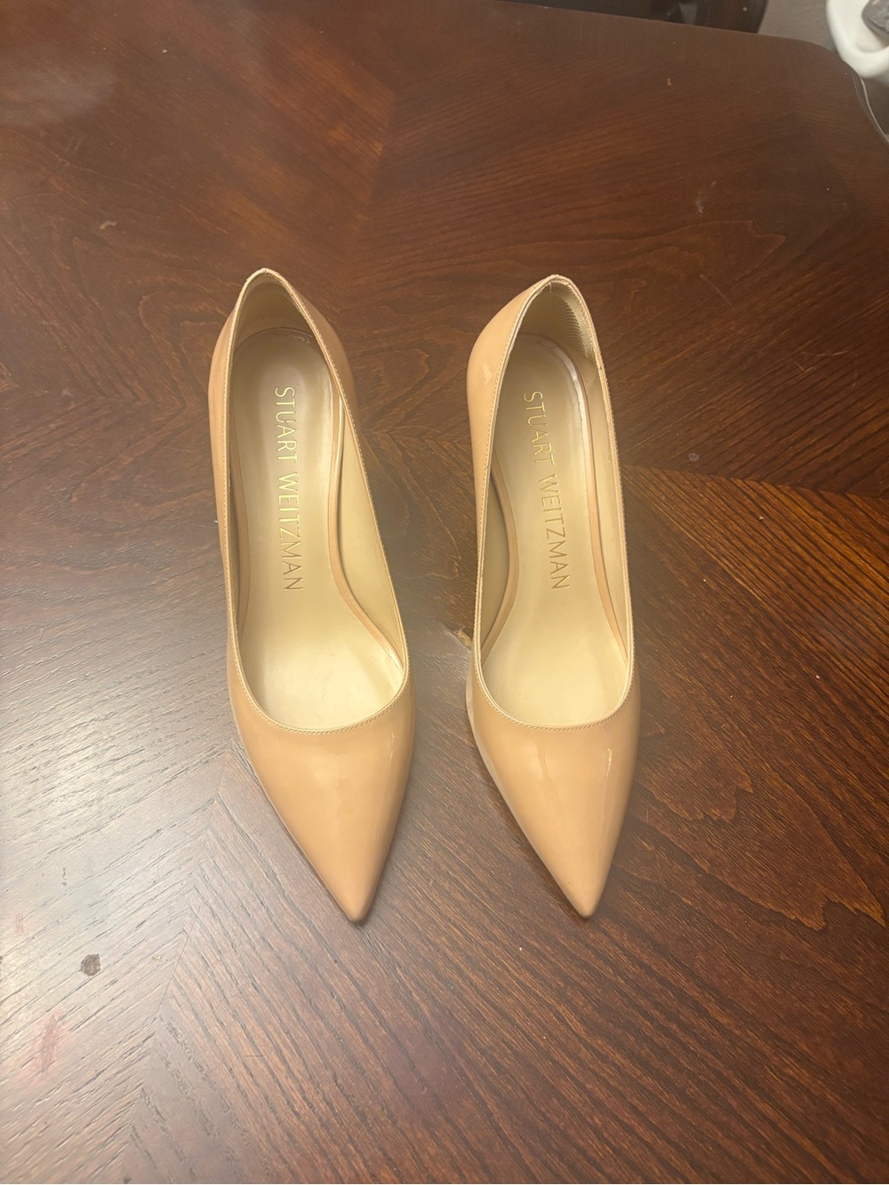 Stuart Weitzman Nude Patent Leather Pointed Toe Pumps- 8